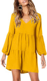 Yellow Long Sleeve Women Summer Tunic Dress V Neck Casual Loose Flowy Swing Shift Dresses - Amoretu | Women's Casual Dresses