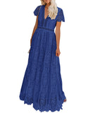 Royal Women's V Neck Short Sleeve Floral Lace Wedding Dress Bridesmaid Cocktail Party Maxi Dress - MEROKEETY | Women's Formal Dresses