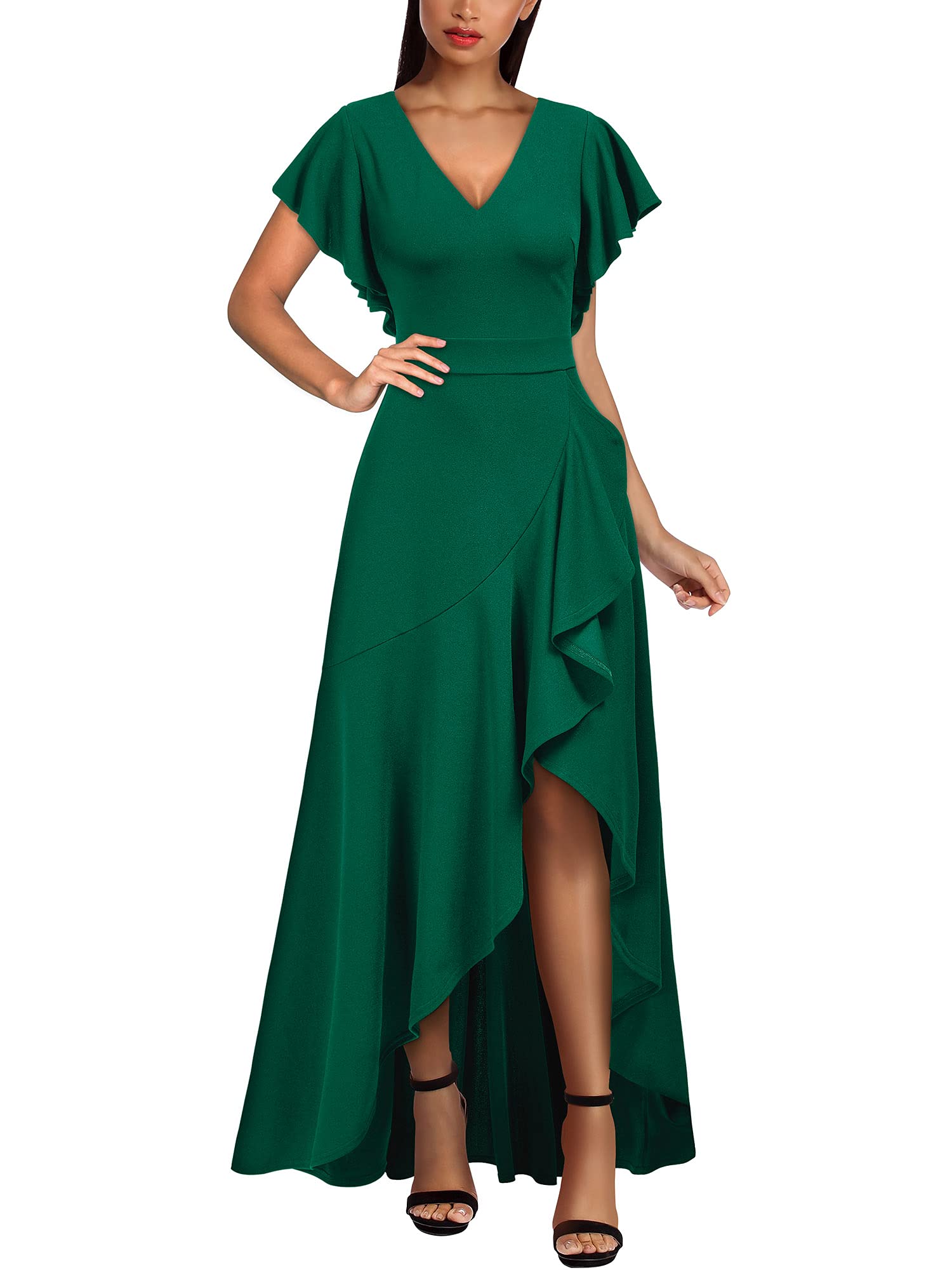 Dark Green Women's Formal V Neck Ruffle Split Evening Party Long Dress - Miusol