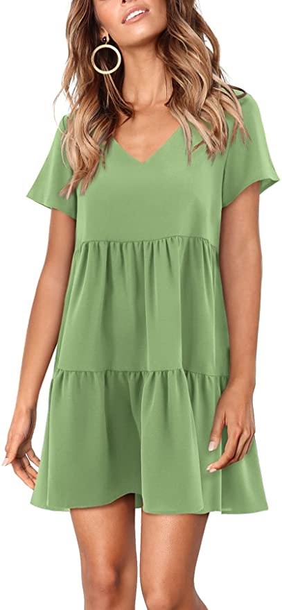 Sage Green Short Sleeve Women Summer Tunic Dress V Neck Casual Loose Flowy Swing Shift Dresses - Amoretu | Women's Casual Dresses
