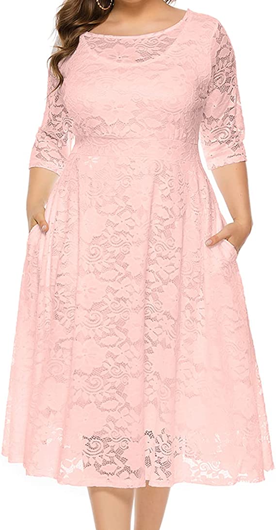 Pink Plus Size Women Plus Size Floral Lace Sleeve Party Wedding Cocktail Swing Midi Dress with Pockets - Lrady | Women's Cocktail Dresses