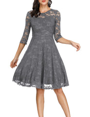 Dark Grey Ladies Vintage Floral Cocktail Party Wedding Guest A Line Lace Dresses - JASAMBAC