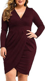 Dark Red Womens Plus Size Long Sleeves & Sleeveless Deep V Neck Bodycon Wrap Dress With Front Slit - Laolasi