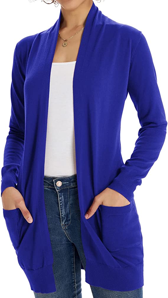 Blue Women Open Front Cardigan Sweaters Pockets Long Sleeve Shrugs - GRACE KARIN | Women's Cardigan