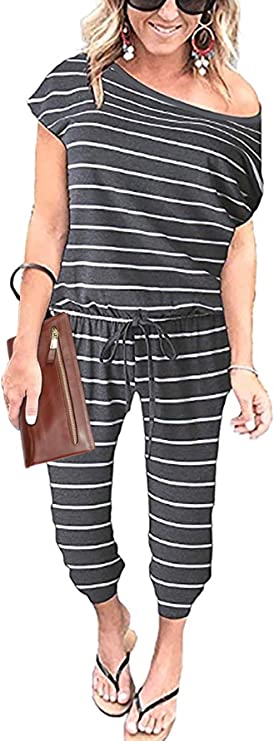 Stripe-dark Grey Women's Loose Solid Off Shoulder Elastic Waist Stretchy Long Romper Jumpsuit - PRETTYGARDEN | Women's Romper & Jumper Suit