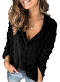 Black Long Sleeve Women Pompom Button Down Shirt Casual Blouse Top - Astylish | Women's Tops and Blouses
