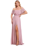 Dusty Pink Womens Off The Shoulder Ruffle Party Dresses Side Split Beach Maxi Dress - Ever-Pretty