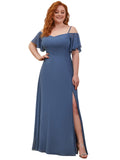 Women's Plus Size Off-Shoulder Side Slit Chiffon Bridesmaid Dresses with Sleeves - Sara Clothes