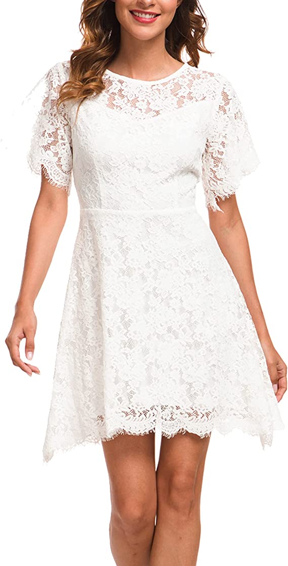 Wine Women's Elegant Round Neck Short Sleeve A-Line Lace Dress - ALLANDWELL | Women's Cocktail Dresses