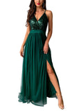 Dark Green Women's Solid Mesh Spaghetti Strap Sequin Cross Back Elegant Evening Party Dress - Fuedage | Women's Formal Dresses