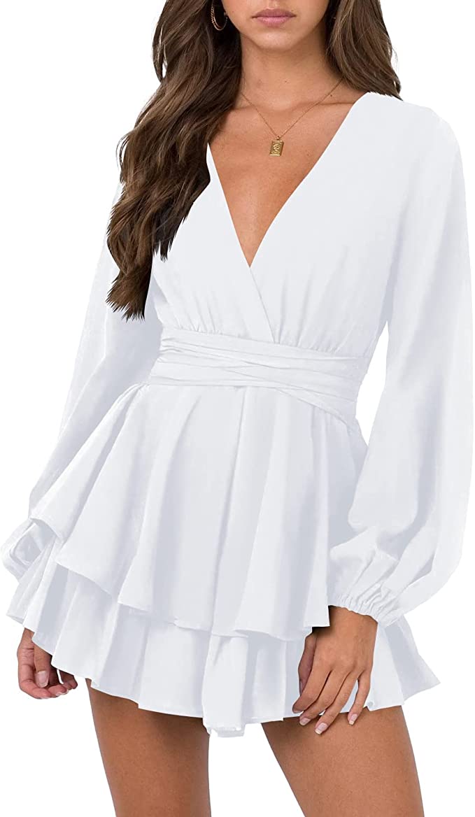 White Sleeve Womens Sexy V Neck Long Baggy Sleeve Tie Waist Ruffle Hem Original Brand