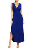 Royal Blue Women Sleeveless Deep V Neck Pocket Loose Long Dress Split Maxi Casual Dresses - WOOSEA | Women's Cocktail Dresses