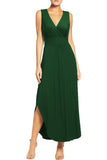 Green Women Sleeveless Deep V Neck Pocket Loose Long Dress Split Maxi Casual Dresses - WOOSEA | Women's Cocktail Dresses