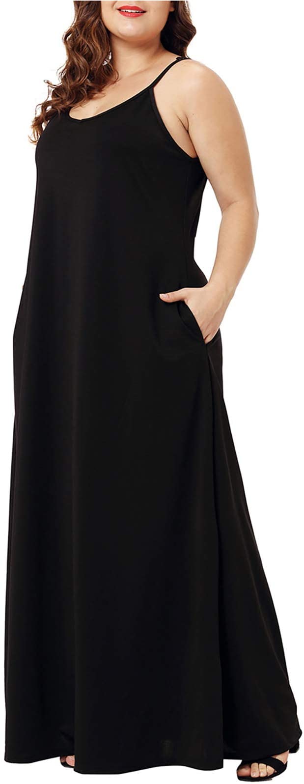 Mandala Black Womens Casual Sleeveless Plus Size Loose Plain Long Maxi Dress with Pockets - Wolddress | Women's Casual Dresses