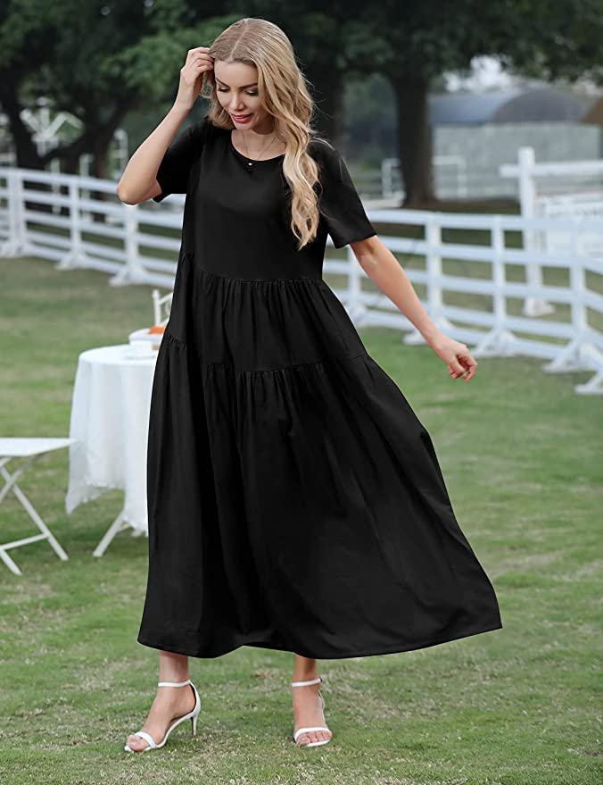 Black Plan Women Casual Loose Bohemian Floral Dress with Pockets Short Sleeve Long Maxi Summer Beach Swing Dress - Yesno | Women's Casual Dresses
