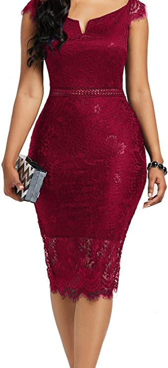 Wine Women's Elegant Floral Lace Bodycon Cocktail Lace Dress - ALLANDWELL | Women's Cocktail Dresses