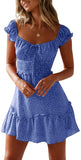 Blue Womens Summer Ruffle Sleeve Sweetheart Neckline Printing Dress Mini Dress - Yobecho | Women's Casual Dresses