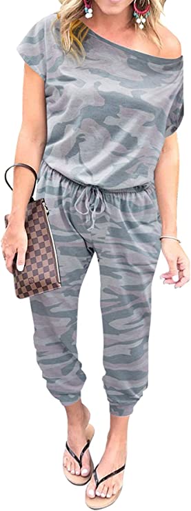 Grey Camouflage Women's Loose Solid Off Shoulder Elastic Waist Stretchy Long Romper Jumpsuit - PRETTYGARDEN | Women's Romper & Jumper Suit