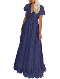Navy Women's V Neck Short Sleeve Floral Lace Wedding Dress Bridesmaid Cocktail Party Maxi Dress - MEROKEETY | Women's Formal Dresses