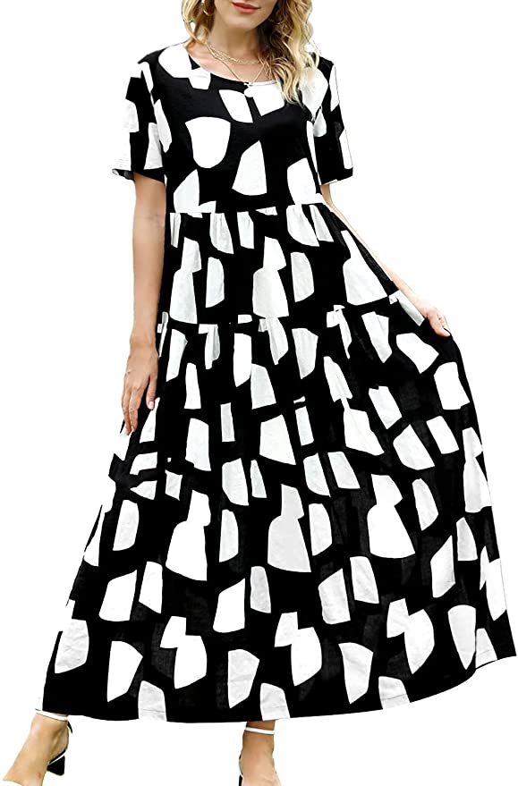 Black White Women Casual Loose Bohemian Floral Dress with Pockets Short Sleeve Long Maxi Summer Beach Swing Dress - Yesno | Women's Casual Dresses