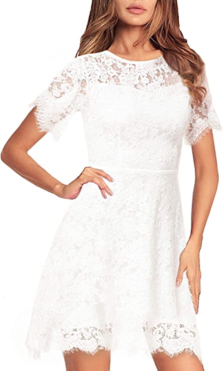 White Women's Elegant Round Neck Short Sleeve A-Line Lace Dress - ALLANDWELL | Women's Cocktail Dresses