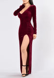 Red V Neck Velvet Dress For Women Long Sleeve Ruched Bodycon Side Slit Party Cocktail Dress 90s Retro Maxi Dress - Kafiloe | Women's Cocktail Dresses