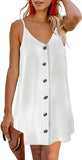 White Women Summer Spaghetti Strap Button Down V Neck Sleeveless Casual Mini Dress - AlvaQ | Women's Cocktail Dresses