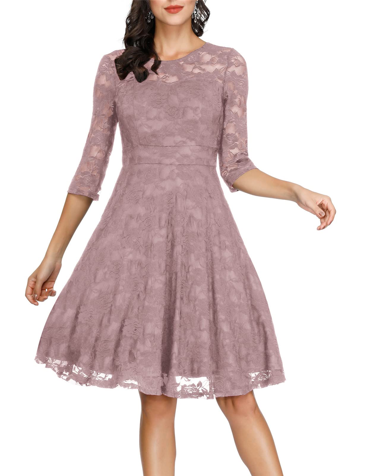 Grey Pink Ladies Vintage Floral Cocktail Party Wedding Guest A Line Lace Dresses - JASAMBAC