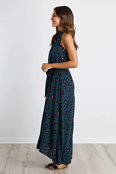 Dark Green Leopard Women's Casual Halter Neck Sleeveless Floral Long Maxi Dress Backless Loose Ruffle Sundress with Belt - PRETTYGARDEN | Women's Formal Dresses