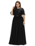 Women's Plus Size Elegant Flared Sleeve Embroidery Wedding Party Dress Black US - Sara Clothes