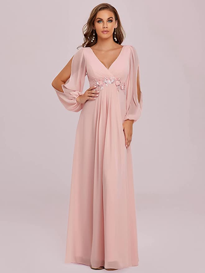 Pink Women's A-line Long Sleeve V-Neck Chiffon Mother of The Bride Dress - Ever-Pretty | Women's Formal Dresses