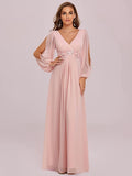 Pink Women's A-line Long Sleeve V-Neck Chiffon Mother of The Bride Dress - Ever-Pretty | Women's Formal Dresses