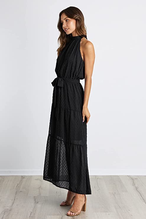 Solid Black Women's Casual Halter Neck Sleeveless Floral Long Maxi Dress Backless Loose Ruffle Sundress with Belt - PRETTYGARDEN | Women's Formal Dresses