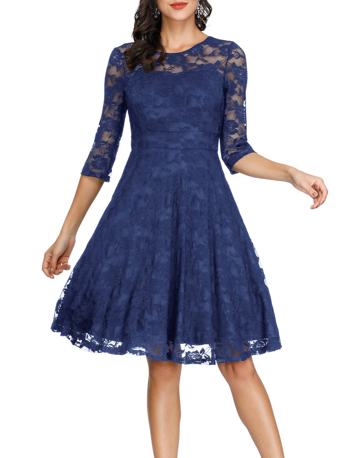 Navy Ladies Vintage Floral Cocktail Party Wedding Guest A Line Lace Dresses - JASAMBAC