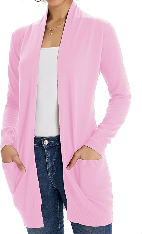 Blush Pink Women Open Front Cardigan Sweaters Pockets Long Sleeve Shrugs - GRACE KARIN | Women's Cardigan