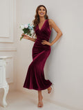 Burgundy Tank Dress Women's V Neck Wrap Long Sleeve Elegant Mermaid Velvet Cocktail Maxi Dress Evening Party - ZABERRY | Women's Formal Dresses