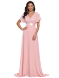 Pink Ladies Double V-Neck Short Flutter Sleeves Empire Waist Elegant Chiffon Long Evening Dresses - Ever-Pretty