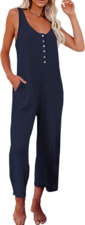Blue Front Button Women's Casual Sleeveless Front Button Loose Jumpsuits Stretchy Long Pants Romper with Pockets - Happy Sailed | Women's Romper & Jumper Suit