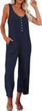 Blue Front Button Women's Casual Sleeveless Front Button Loose Jumpsuits Stretchy Long Pants Romper with Pockets - Happy Sailed | Women's Romper & Jumper Suit