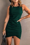 Dark Green Women Casual Dress Crew Neck Ruched Summer Sleeveless Tank Bodycon Shirt Short Mini Dresses - BTFBM | Women's Club Dresses