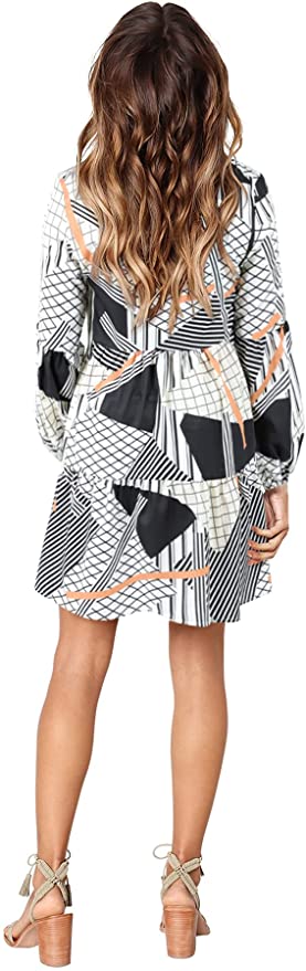 Striped Plaid Long Sleeve Women Summer Tunic Dress V Neck Casual Loose Flowy Swing Shift Dresses - Amoretu | Women's Casual Dresses