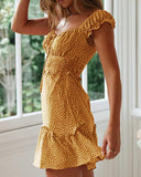 Yellow Womens Summer Ruffle Sleeve Sweetheart Neckline Printing Dress Mini Dress - Yobecho | Women's Casual Dresses