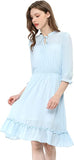 Blue Ruffle Dress, Hem 3/4 Sleeve Smocked A-Line Short Chiffon Dress - Allegra K | Women's Casual Dresses