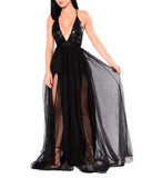 Black Women's Solid Mesh Spaghetti Strap Sequin Cross Back Elegant Evening Party Dress - Fuedage | Women's Formal Dresses