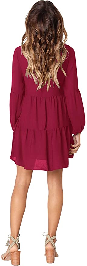 Burgundy Long Sleeve Women Summer Tunic Dress V Neck Casual Loose Flowy Swing Shift Dresses - Amoretu | Women's Casual Dresses