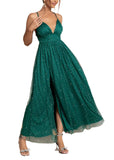 Green Frock Women's Solid Mesh Spaghetti Strap Sequin Cross Back Elegant Evening Party Dress - Fuedage | Women's Formal Dresses