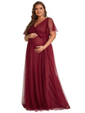 Women's Double V Neck Short Ruffle Sleeve Maxi Maternity Dress with Sash - Sara Clothes