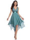 Dusty Blue Ladies Sleeveless V Neck Empire Waist A Line Lace Chiffon Knee Length Prom Evening Dresses - Ever-Pretty