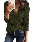Green Leapord Women's V Neck Waffle Knit Henley Tops Casual Long Sleeve Pullover Sweater Blouses - Farktop | Women's Sweaters
