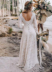 Women's Boho Lace Wedding Dress Long Sleeves V-neck A-line Beach Country Wedding Bridal Gown